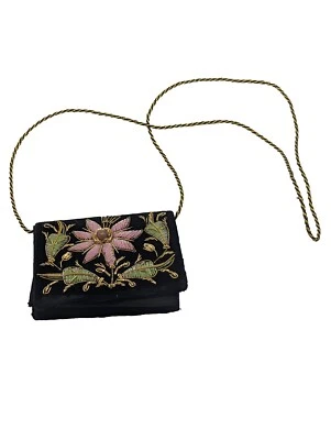 Vtg 80's Velvet Embroidered Formal Purse Small Black Gold Beaded Floral Foto 1 de 4