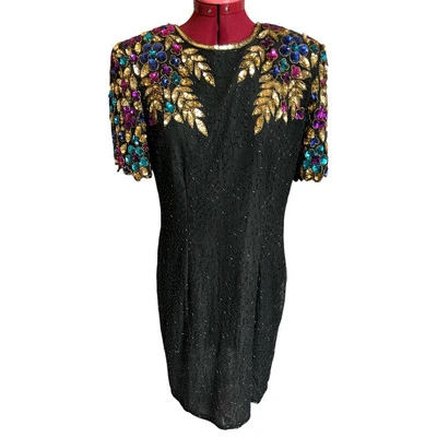 Vintage Stenay Large 100% Silk Fully Beaded Sequined Party Evening Midi Dress - Image 1 of 4