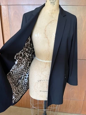 Chico's Size 2 L Black Open Front Leopard-Print Lining Blazer SHARP! - Image 1 of 4