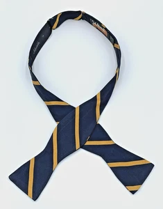 Vintage Men's 100% Silk Butterly Bow Tie Adjustable Repp Blue Gold Stripe - Picture 1 of 5