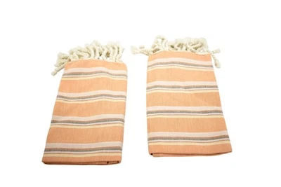PACT Hand Towels Set of 2 100% Organic Cotton Peach Striped Fringe Bathroom - Image 1 of 4