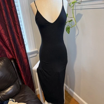 Brandy Melville One Size Tank Lounge Dress Black, Knit, Ribbed Side Slit - Image 1 of 4