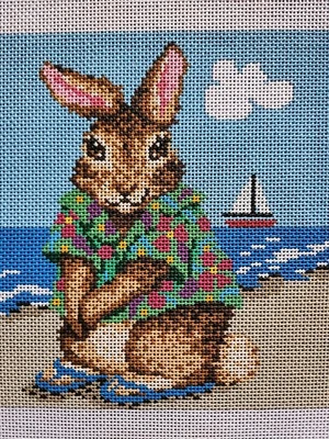 Gayla~Bunny At The Beach~Hawaiian~Sail Boat~HP Needlepoint Canvas  - Image 1 of 3
