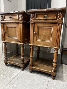 Pair attractive French Carved Oak Marble Top Bedside Cabinet Cupboards Drawers - Picture 1 of 22