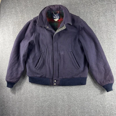 Vintage Woolrich Bomber Jacket Mens Sz L Purple Wool Flannel Plaid Lined USA 80s - Image 1 of 4