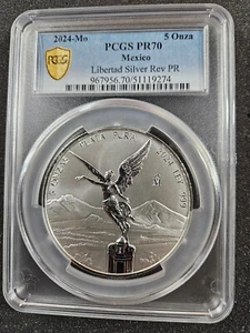 ๐ 2024 Mexico Libertad 5 oz .999 Silver Reverse Proof Mexican Coin PCGS PR70 - Picture 1 of 2