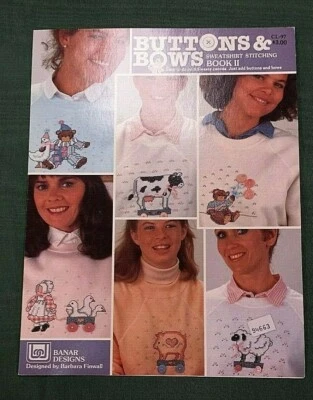 WASTE CANVAS BUTTONS & BOWS SWEATSHIRT CROSS STITCH PATTERN FREE SHIPPING   - Image 1 of 2