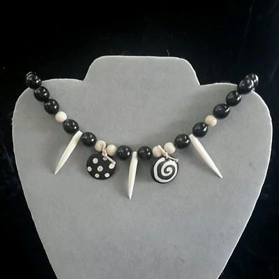 Colar preto ônix pedra ribeirinha e madeira tribal prata esterlina 925 feito à mão EUA - Imagem 1 de 3