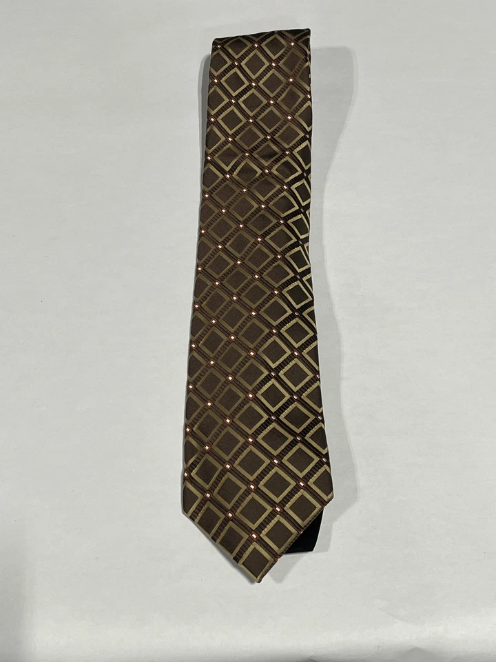 Corbata de seda pura hecha a mano con patrón de caja de bronce platino Kenneth Roberts para hombre NUEVA Foto 1 de 4