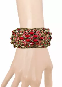 Bracciale grosso antico tono oro sfumature di perle di lucite rossa e strass - Foto 1 di 3