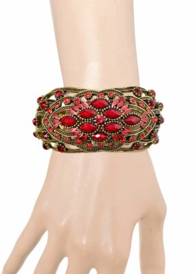Antique Gold Tone Shades of Red Lucite Beads & Rhinestones Chunky Bracelet - Image 1 of 3
