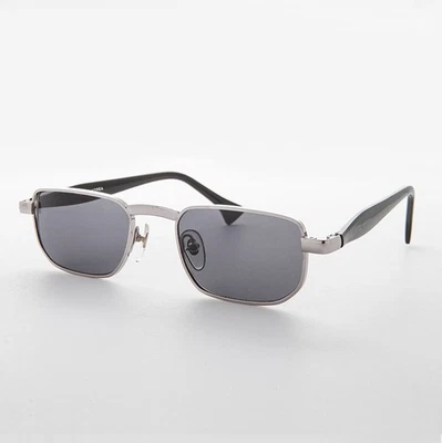 Slim Rectangular Vintage Sunglass with Silver / Black / Gray Lens - Clint - Image 1 of 3
