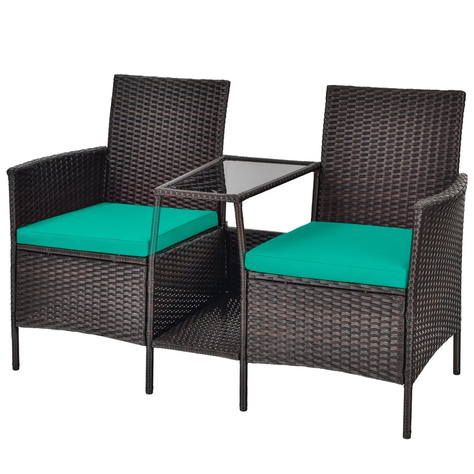 Patio Rattan Wicker Conversation Set Sofa Cushioned Loveseat Glass Table-Turquo