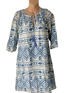 Dolma Anthropologie blau & weiß Aztekenmuster Kleid Resortkleidung Überwurf Boho Medium - Bild 1 von 9