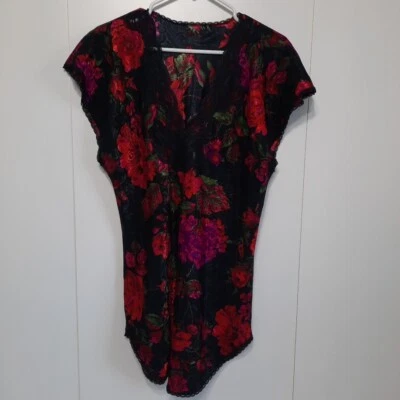 Vintage Lucie Ann II Nightgown Sleepshirt Size S Black Satin Flowers Lace Trim - Image 1 of 4