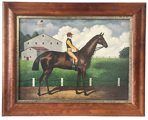 Vtg Charles Wysocki Jockey Primitive Folk Art Race Horse Print Framed 12 X 15