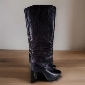 Neu mit Etikett Nine West schwarz Leder Klappe hoch schwarz Leder Stiletto Stiefel defekt... - Bild 1 von 10