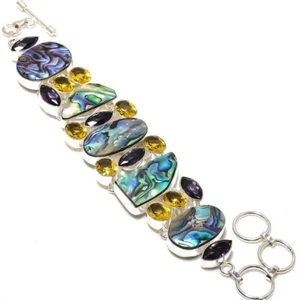 Brazalete de plata de ley 925 con cáscara de abulón natural, piedras preciosas de citrino 7-8" R349 - Imagen 1 de 6