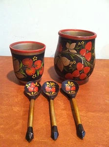 Antique Vintage Nesting Painted Wooden Bowls and Spoons Made in USSR Russia - Picture 1 of 12