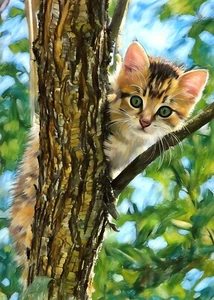 ACEO miniature art print 2.5x3.5 artist trading card cute cat hugging tree - Picture 1 of 3