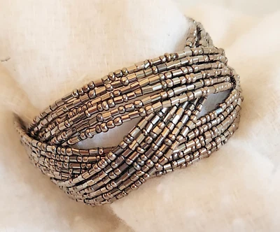 Boho Beige Gray Hematite Glass Bead Plaited Adjustable Cuff Bracelet EUC - Image 1 of 4
