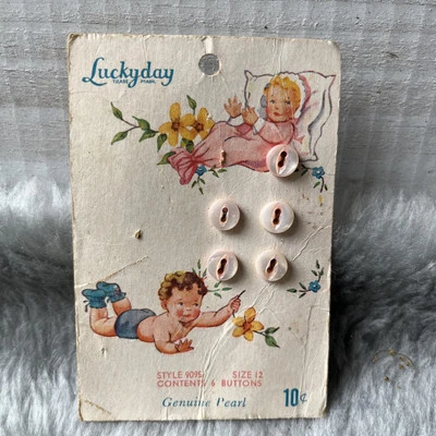 1940s? Vintage Lucky Day 5 of 6 Carded Genuine Pearl Sewing Buttons Pink Infants - Image 1 of 2