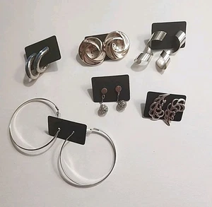 Lot of 6 Pairs Silver Tone Post Earrings Huggies Hoops & Dangles - Picture 1 of 18