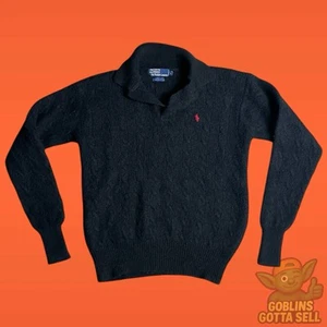 Vintage Polo Ralph Lauren Cable Knit 1/4 Button Wool Scottish Yarn Black RARE - Picture 1 of 5