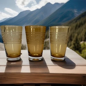 3 Vintage Amber Drinking Glasses Etched Pattern Hand Blown Glass - Picture 1 of 6