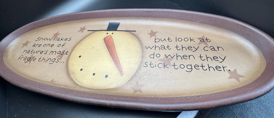 Barbara Lloyd Primitive Wooden Snowman Tray “Stick Together” 21x7 Folk Art - Image 1 of 1