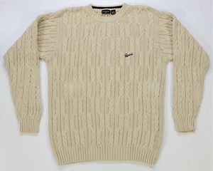 Rare Vintage GUESS JEANS Spell Out Fisherman’s Knit Pullover Sweater 90s Beige L - Picture 1 of 10
