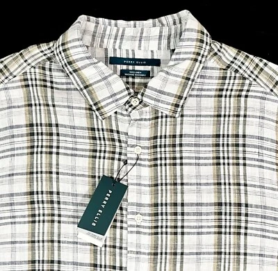 Men's PERRY ELLIS White Gray+ Plaid Linen Short Sleeve Shirt 2XLT TALL NWT NEW - Image 1 of 4