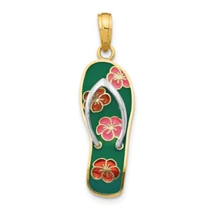 14k Yellow Gold 3D Enameled Flowers On Green Flip Flop Pendant Gift for Her - Picture 1 of 6