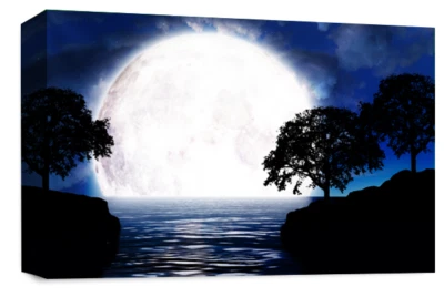 Big Moon Canvas Wall Art Print Blue Grey Landscape Seascape Framed Picture Large - Image 1 of 4