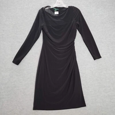 Lauren Ralph Lauren Women Dress 6 Black Midi Sheath Ruched Mesh Long Sleeve - Image 1 of 4