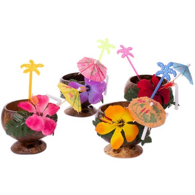 Luau 4 Person Coconut Cup, Pick & Stirrer 16pc Party Drinkware Pack, Brown Multi - Image 1 of 4