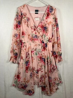 Gabby Skye Pink Chiffon Floral Dress Size 10 Fit Flare Long Sleeve Asymmetric - Image 1 of 4