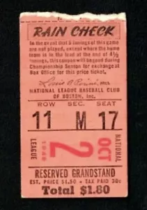 1949 Warren Spahn Ticket Win LL 21/65 Life Triple Crown K / ERA Boston Braves - Bild 1 von 1