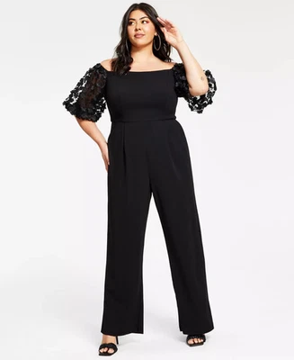 XSCAPE Plus Size Puffed-Sleeve Off-The-Shoulder Jumpsuit - Black - 18W NWOT - Image 1 of 4