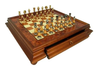 Italfama Oro/Argento Placcato Handmade Scacchi Set, Elm Board Con Cassetto - Immagine 1 di 3