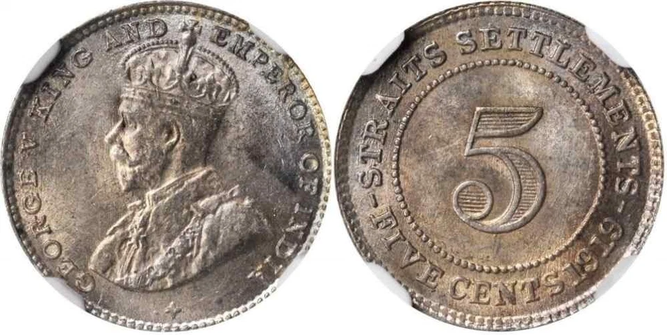 1919 Silver Small Coin 5 Cents Straits Settlement Malaya George V England MS 63 - Image 1 of 4