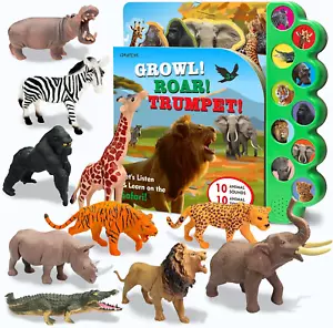 Safari Animal Figures with Sound Book 10PCS Realistic Zoo Toys for Kids Age 3+ - Picture 1 of 12