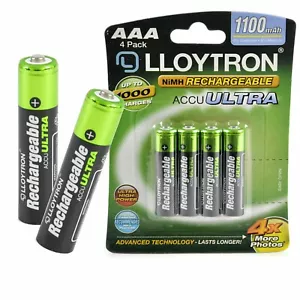 AAA Rechargeable Batteries High Capacity 1100mAh NiMH - Pack of 4 - Lloytron - Picture 1 of 12