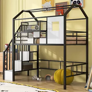 Twin Size Metal Loft Bed Frame with Roof Storage Box /Ladder and Guardrail Black - Picture 1 of 9