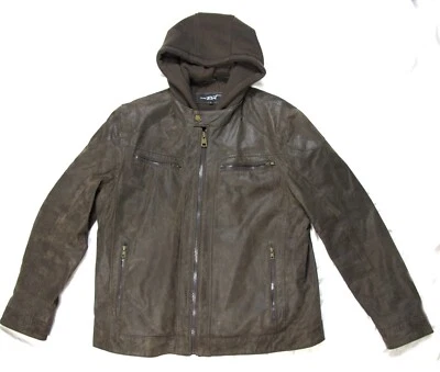 Chaqueta Bomber Clásica Con Capucha Cuero Genuino Marrón Remache NEGRO De Colección Talla XL Foto 1 de 4