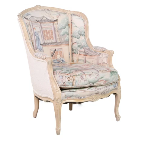 Louis XV Cerused Beech Chinoiserie Custom-Upholstered Bergère avec Orielles Cover