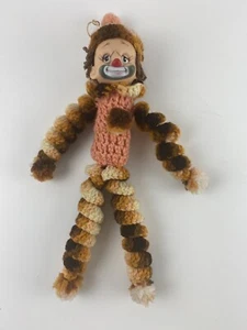 Handmade Crocheted Yarn Body Clown 12" , Brown Shades Peach Colors, Plastic Face - Picture 1 of 11