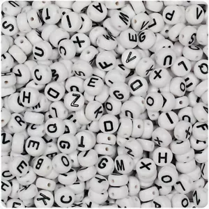 100 White w/Black 7mm Flat Disc Coin Plastic Alphabet Beads - Letter choice A-Z - Picture 1 of 27