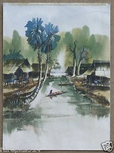 Pintura vintage de acuarela firmada a mano de artista vietnamita Boonlue paisaje - Imagen 1 de 1