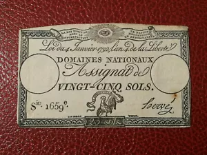 ASSIGNAT 25 VINGT-CINQ-SOLS / Loi du 4 janvier 1792 / Série 1659e / signé HERVE - Picture 1 of 2